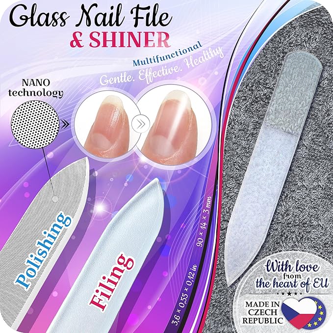 GLADZY Czech Glass Nail File Set with Glass Nail Shiner & Cuticle Pusher– 3 pcs Manicure Kit with Case, Multi-Functional Nano Buffer, Manicure Stick, Etched Crystal File for Natural Nails, Made in EU