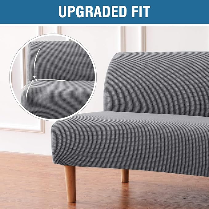 H.VERSAILTEX Armless Futon Cover Stretch Sofa Bed Slipcover Protector Elastic Feature Rich Textured High Spandex Small Checks Jacquard Fabric Futon Cover, Machine Washable, Gray