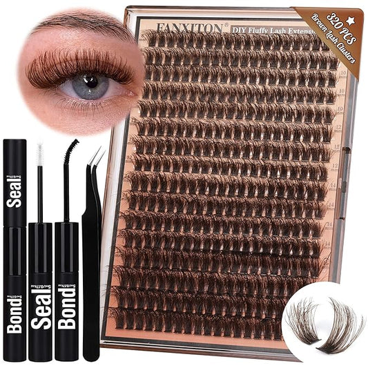 Brown Lash Clusters 320 Pcs Lash Extension Kit DIY Eyelash Extensions Kit Natural Look Cluster Lashes D 8-16 MM Mixed Lash Bond and Seal Lash Tweezers for Lash Clusters Kit DIY at Home
