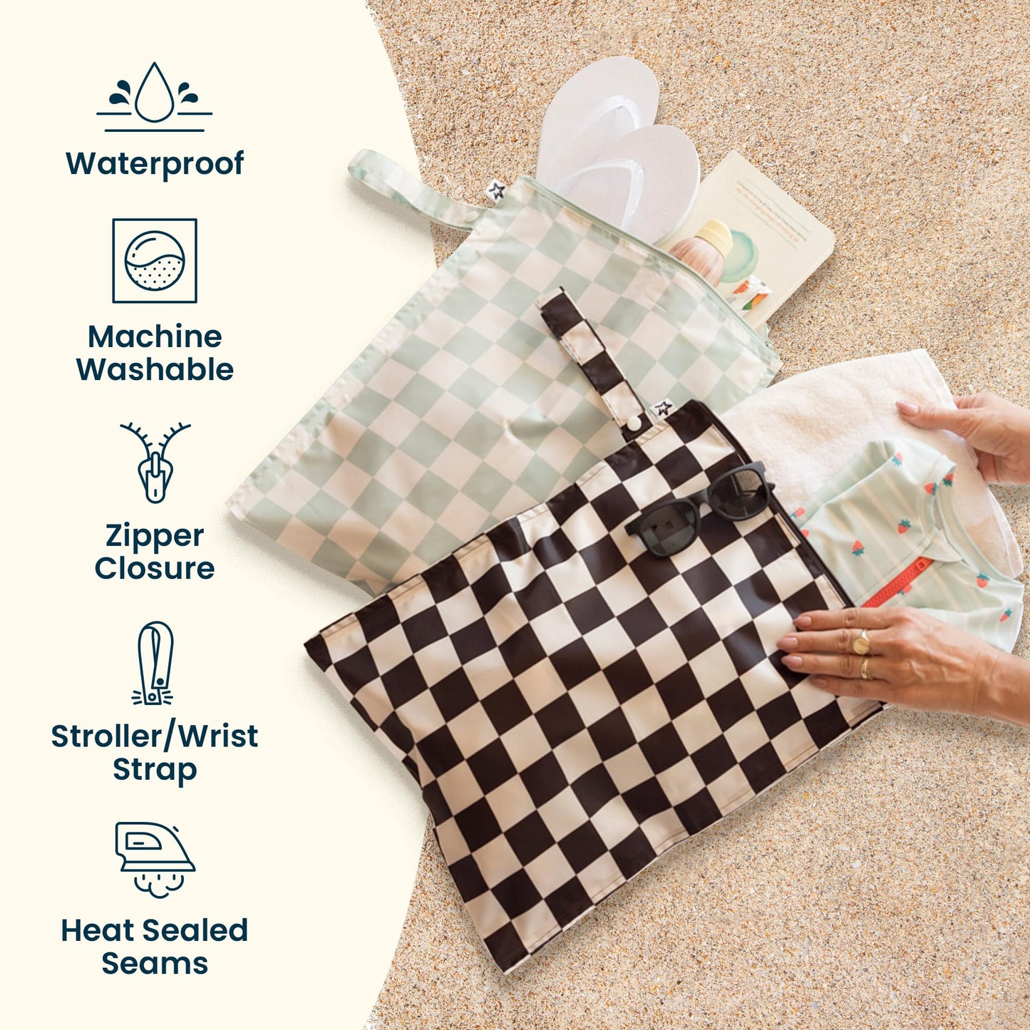 Tiny Twinkle Mess Proof Wet Bags | 2-Pack Reusable Waterproof Wet Bags for Swimsuits | Baby Clothes | Travel & Diaper Bag (Black, Green Checkers)
