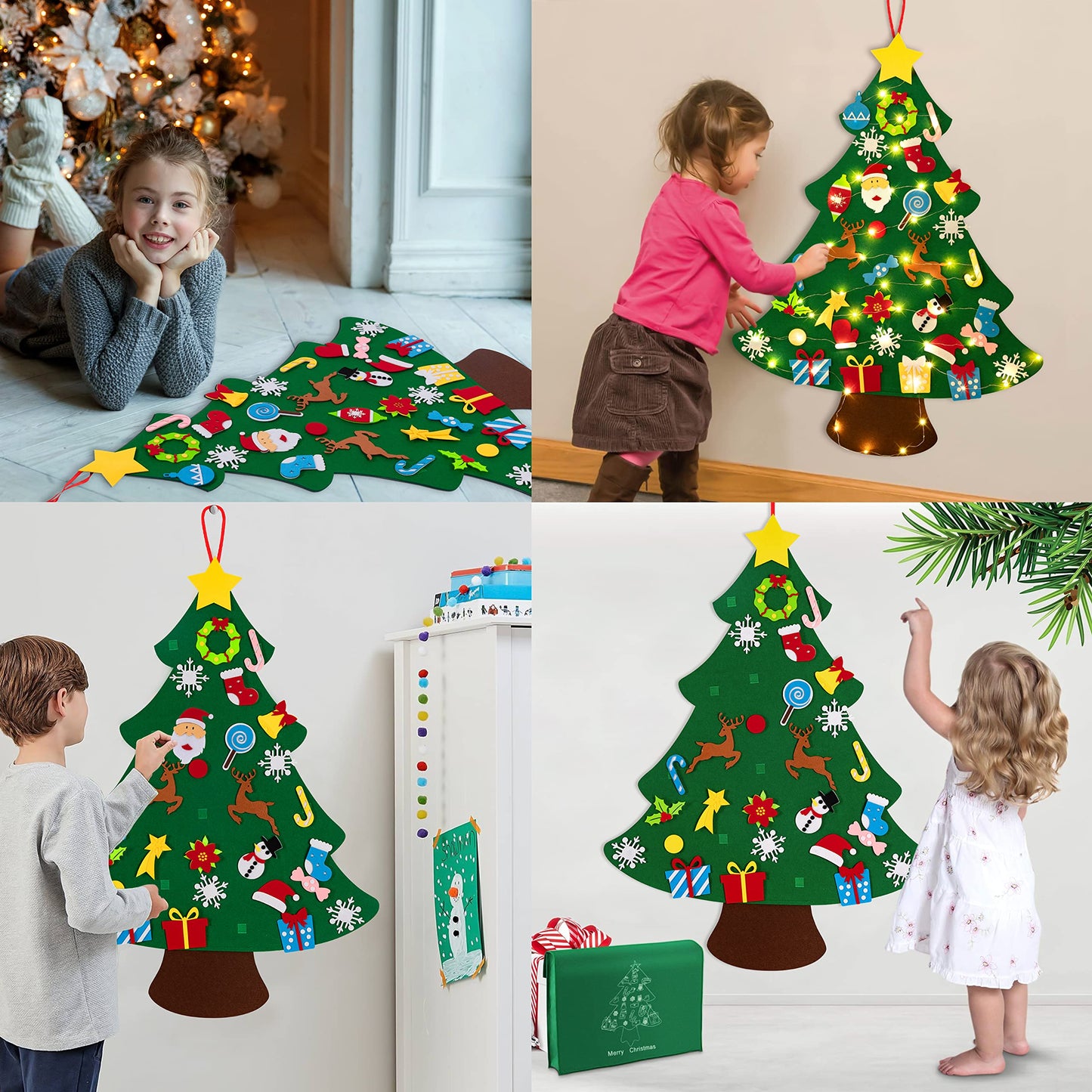 jollylife 3ft DIY Felt Christmas Tree Set + Snowman Advent Calendar - Xmas Decorations Wall Hanging 33 Ornaments Kids Gifts Party Supplies