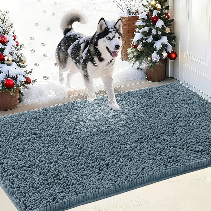 IM HOME Chenille Absorbent Outdoor Doormat 30" x 20", Washable Muddy Door Mats for Dog Non Slip Indoor Doormat Dog Mat for Muddy Paw Front Inside Doormats for Entryway Dusty Blue
