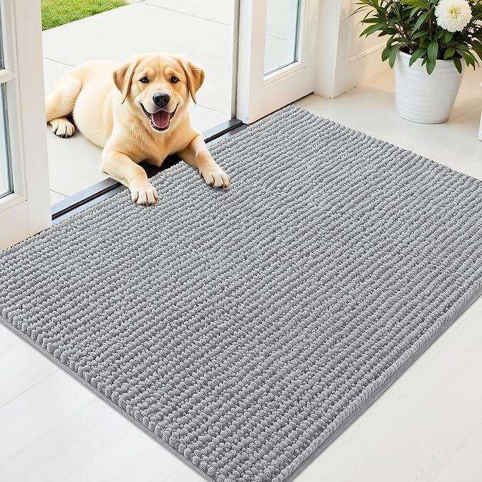 OLANLY Dog Door Mat for Muddy Paws 40x32, Ultra Absorbent Chenille Mud Doormat, Non-Slip Washable and Dirt Trapping Doormat for Indoor Entryway, Quick-Dry Indoor Pet Bed Mats for Dogs, Light Grey