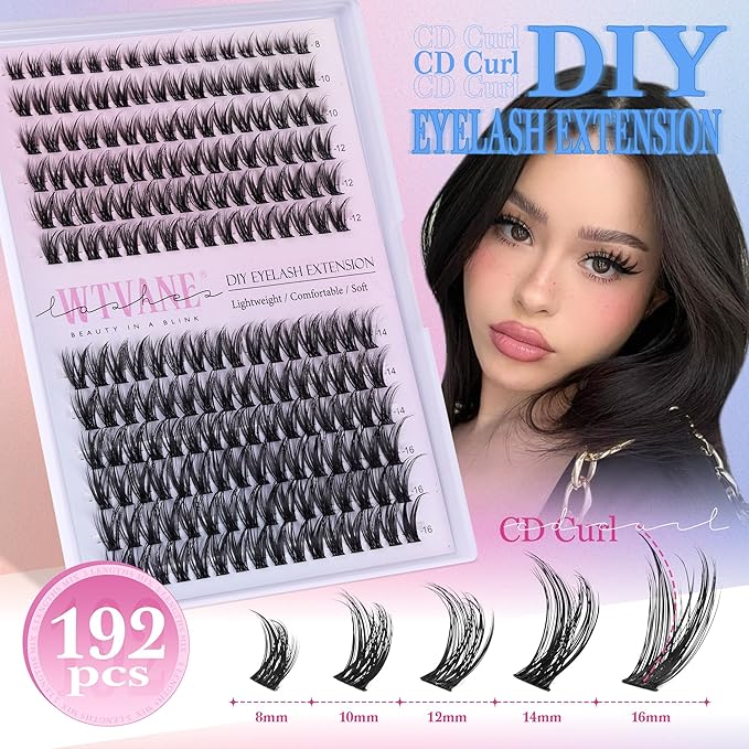 Fairy Lash Clusters Kit Wispy Eyelash Clusters DIY 8-16mm Manga Lash Clusters Eyelash Extension Kit 192pcs Individual Lashes Natural Lash Extension Kit with Lash Bond and Seal, Lash Tweezers by Wtvane