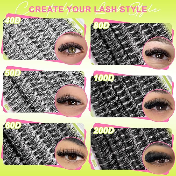 Lash Extension Kit 60D+80D+100D+200D Individual Lash Clusters 424PCS D Curl 10-18mm Volume Cluster Eyelash Extensions Kit with Lash Bond & Seal and Applicator for DIY Eyelashes Beginners