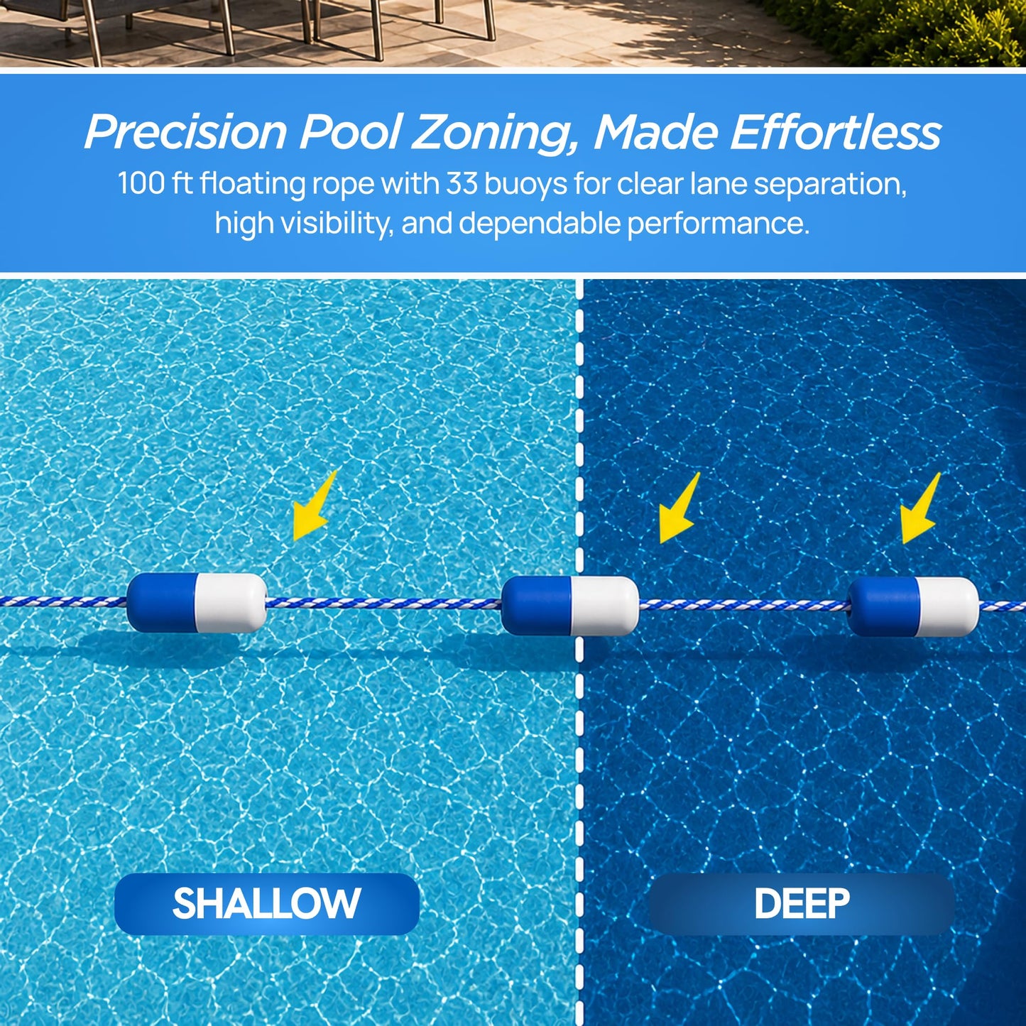 FibroPool 50 ft Pool Safety Rope with 16 Floats – Adjustable Buoy Lane Divider, UV Braided, Chrome Hooks – Shallow & Deep End Line for Inground & Above Ground Swimming Pools