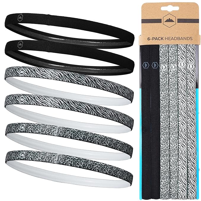 Tough Headwear Thin Elastic Headbands - Sports Hair Head Band for Women & Men - Non Slip Mens Workout Headband - 6-Pack
