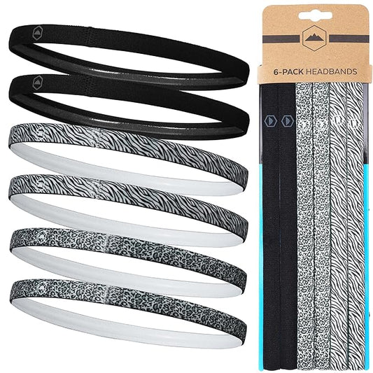 Tough Headwear Thin Elastic Headbands - Sports Hair Head Band for Women & Men - Non Slip Mens Workout Headband - 6-Pack