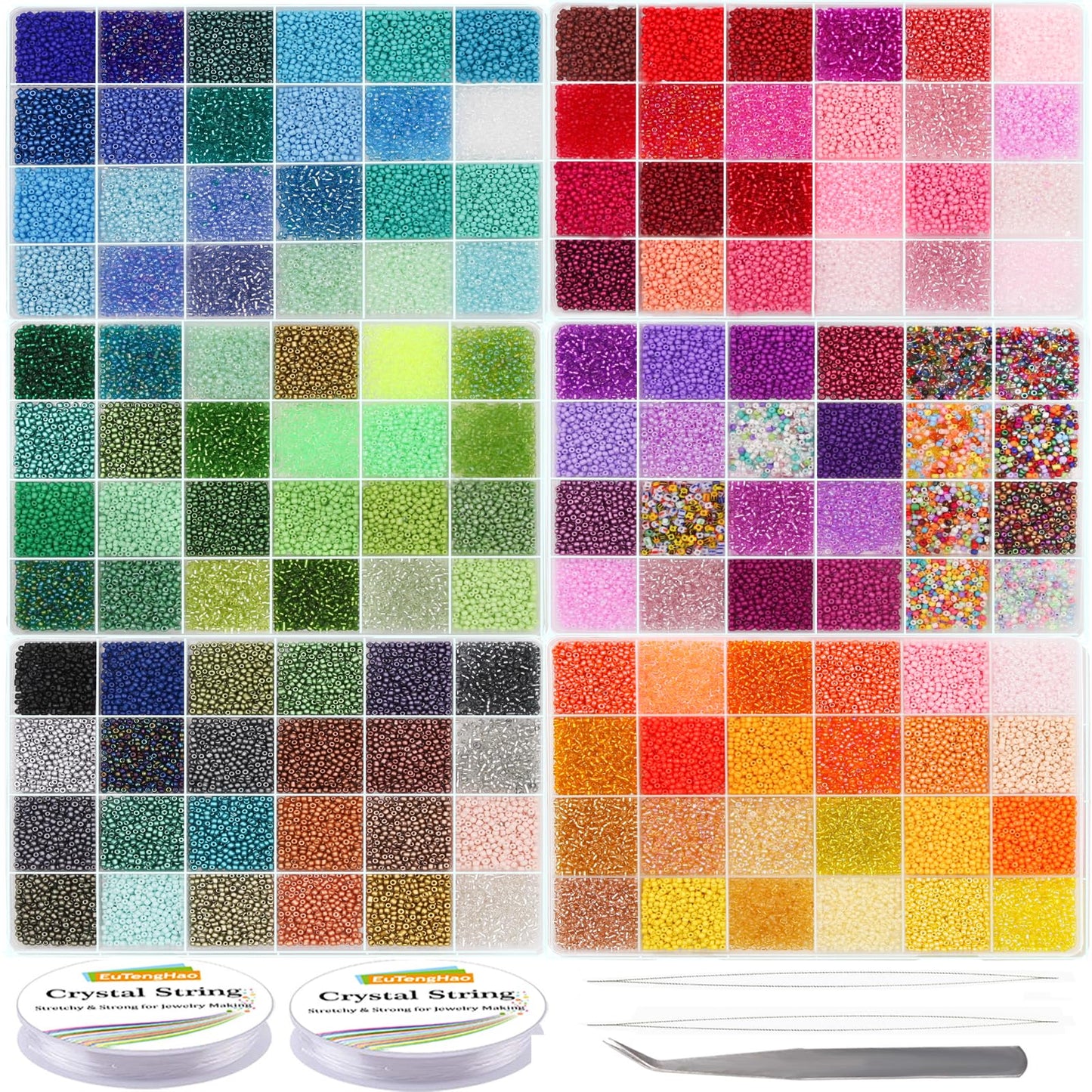 EuTengHao 57600pcs 2mm Glass Seed Beads Small Craft Beads for DIY Bracelet Necklaces Crafting Jewelry Making Supplies with Beading Needles Elastic Strings (144 Colors, 400Pcs Per Color)