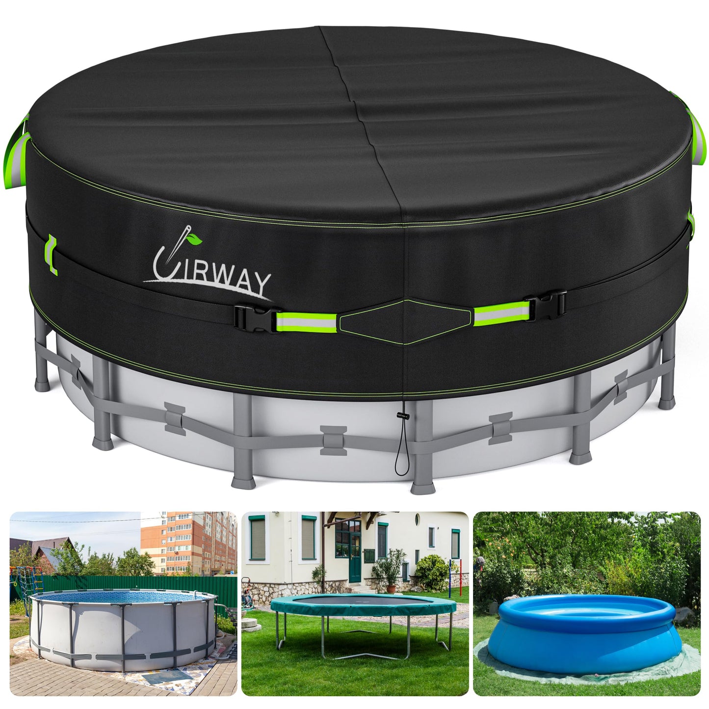 UIRWAY 24 Ft Round Pool Cover with Reflective Strips, Swimming Pool Cover for Above Ground Pools, Solar Cover Including Rope Tie and Luminous Ground Nails, PU Tarp Snug Fit for UV Protected