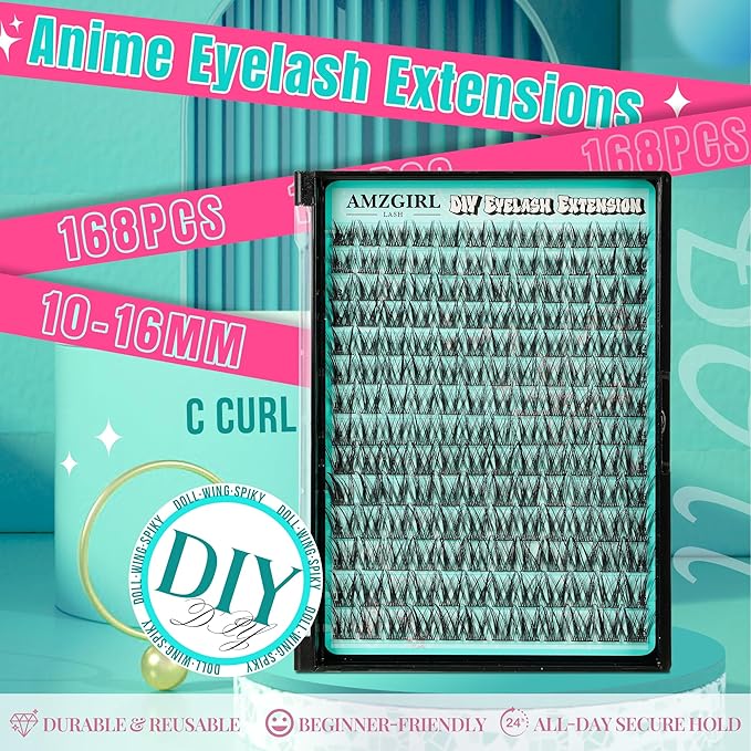 Manga Lash Clusters Fairy Eyelash Extension DIY 168pcs C Curl Anime Lashes Extensions Wispy Eyelashes Cluster with Thin Band Individual Lashes False Eyelashes At Home (Wing, C-10-18mm)