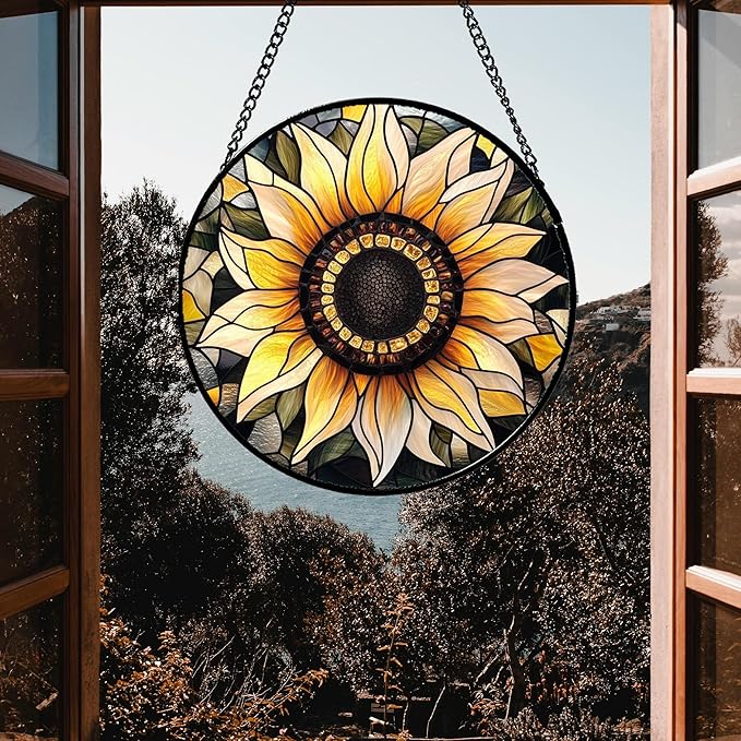 CRISGIF Stained Glass Window Hanging - Sunflower Suncatcher for Door Garden Patio Retro Flower Sun Catchers Decor Christmas Mother's Day Birthday Gifts for Women Mom Nana Friend Wife 15 in