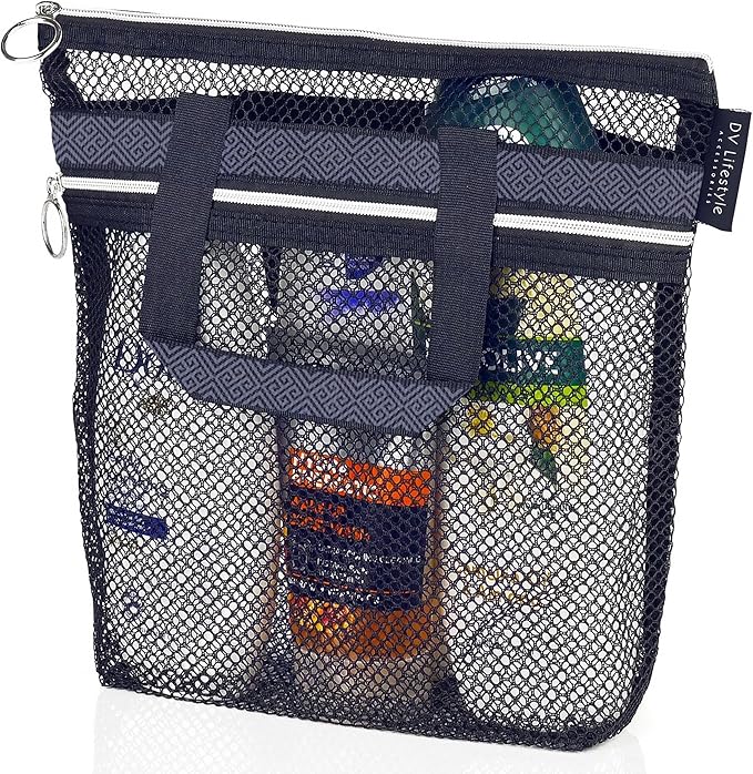DV Lifestyle Mesh Shower Bag 10.2x9.9'' Quick-Dry Caddy with Zipper & 2 Pockets. Portable Toiletry Tote for Bathroom, Gym, Travel, Camp, Beach, for Sunscreen, Dorm & College Essentials (Black)