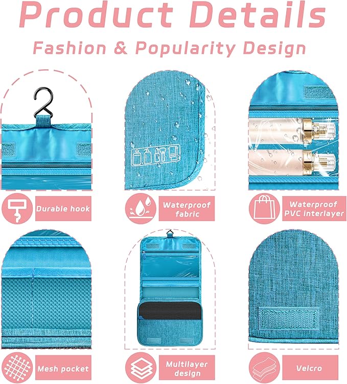 Toiletry Bag Travel Bag with Hanging Hook, Waterproof Capacity Hanging Multifunctional Makeup Bag for Toiletries, Portable Cosmetic Bag Travel Organizer for Women and Men(Sky Blue)