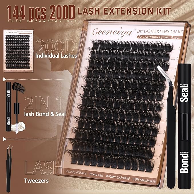 Geeneiya 200D Lash Clusters Kit Thick Lash Extension Kit 10-20mm Wispy Cluster Eyelash Extensions Individual Eyelashes Kit with Lash Bond and Seal DIY Lashes Applicator for Beginners