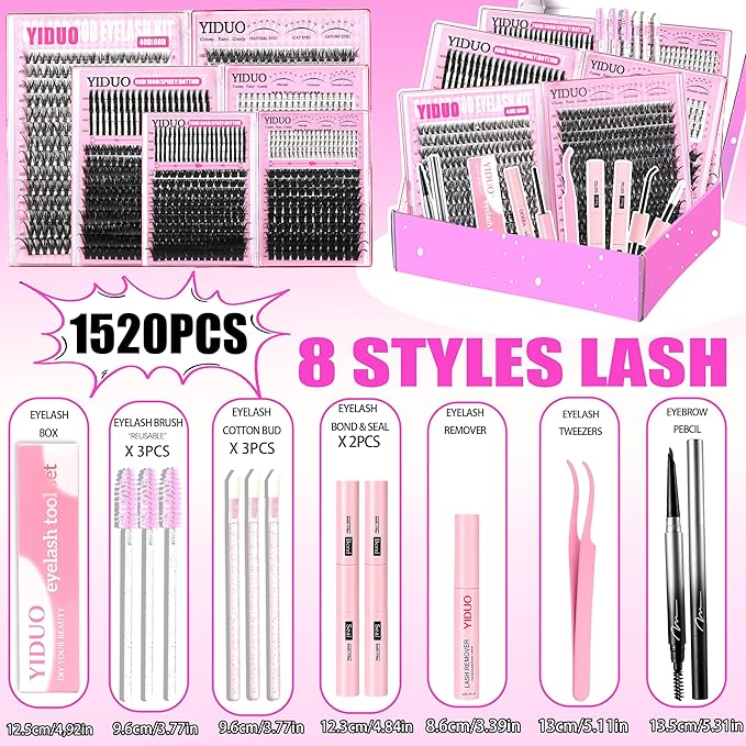 YIDUO 1520Pcs Lashes Clusters Kit with Spikes+Bottom 6 Styles 100D/200D/300D Cluster Lash Extension Kit with 2X Bond&Seal 10-20mm Volume Individual Eyelash Extension Kit Gift Packs