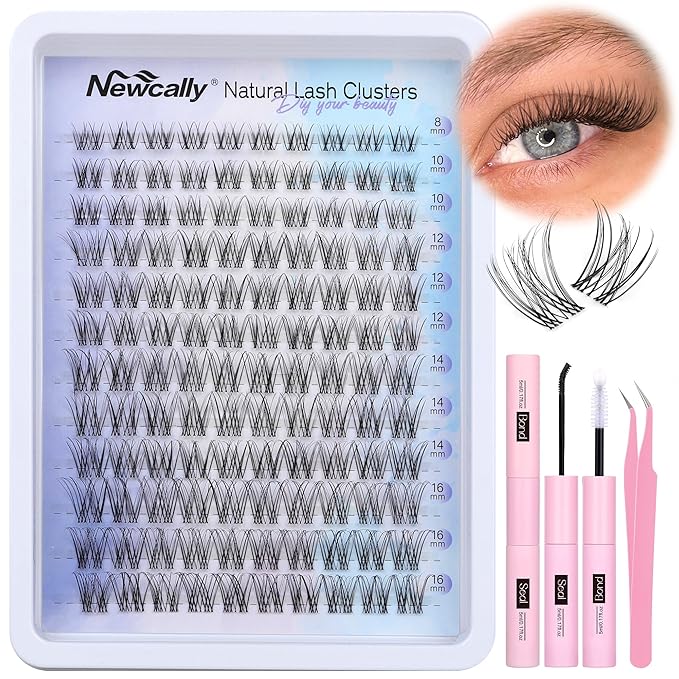 Lash Clusters Kit Natural Wispy DIY Eyelash Extension Kit 8-16MM Eyelash Clusters Kit D-curly Lash Extension Kit Thin Invisible Lash Band Individual Lashes Kit by Newcally