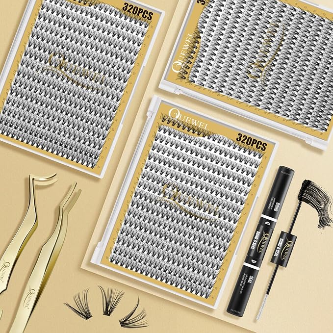 QUEWEL Lash Clusters 320Pcs Cluster Lashes 30D C Curl Lash Cluster Eyelash Extensions Mix12-18mm Individual Eyelashes Clusters Wispy Lash Clusters Thin Band Soft to Use at Home(30D C Mix12-18)