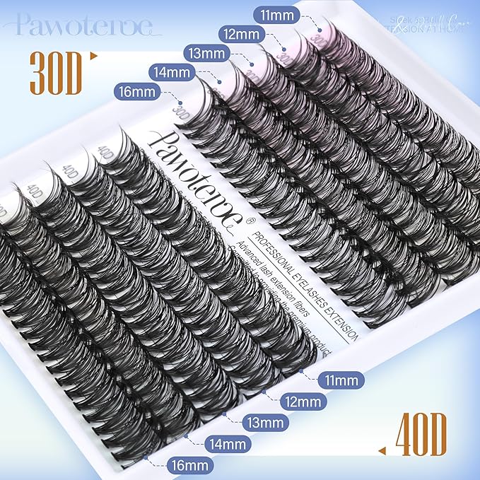 Pawotence Lash Clusters 200pcs Individual Lashes 30D 40D Cluster Eyelash Extensions 11-16mm Eyelash Clusters Lash Extensions for Self Application (30D&40D, 0.07D, 11-16mm Refill)