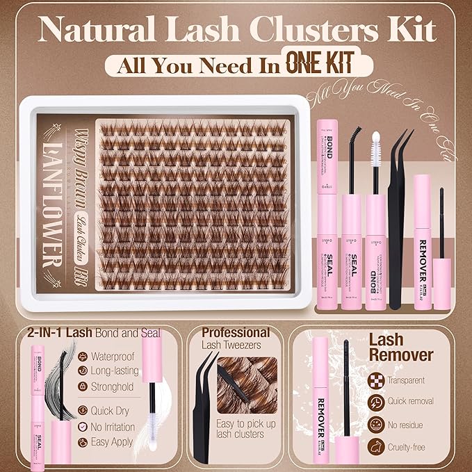 Brown Lash Clusters Kit Wispy Lash Extension Kit Natural Cluster Eyelash Extensions C Curly Individual Lashes 10-16mm Eyelash Extension Kit with Lash Bond and Seal Lash Remover by Lanflower