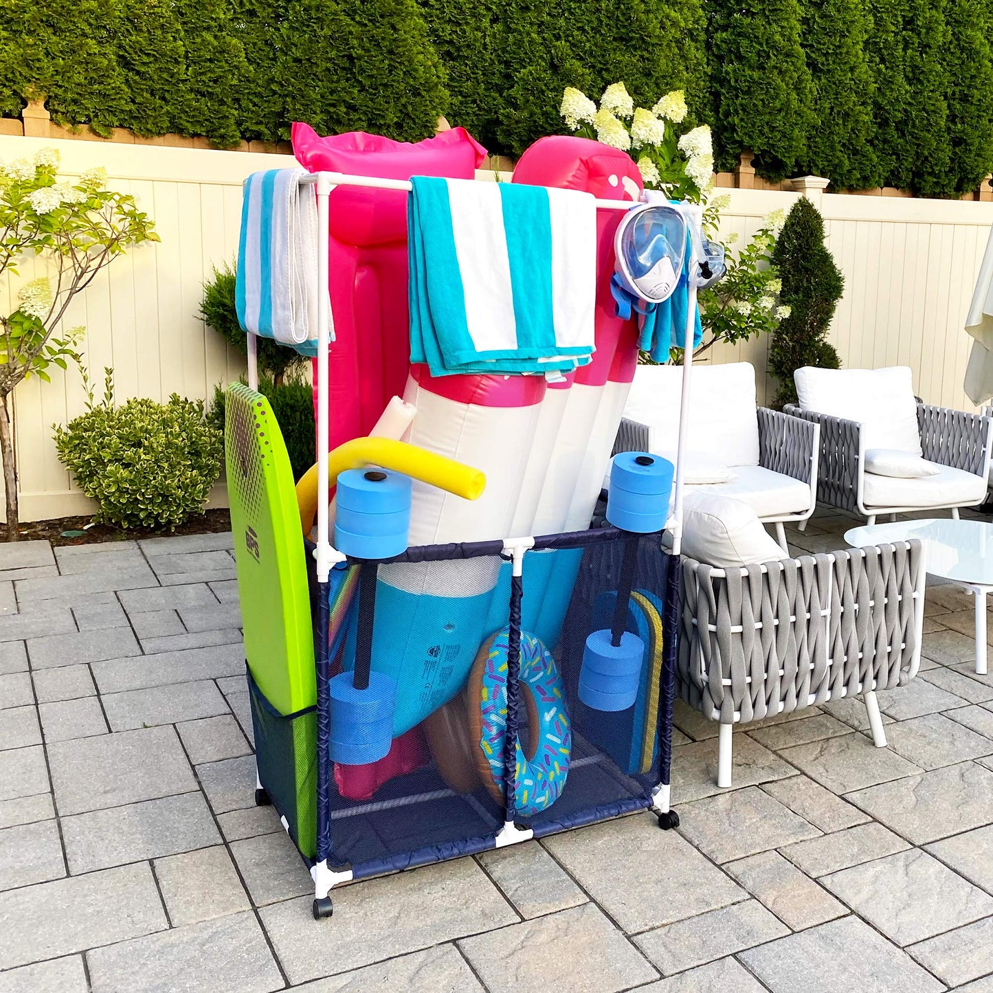 Essentially Yours Pool Equipment Holder with Towel Drying Bars, Mesh Rolling Pool Storage Organizer Bin, Extra Large with Towel Hanger, (34.5" W x 25" L x 62.6" H), Blue/White Style 418566