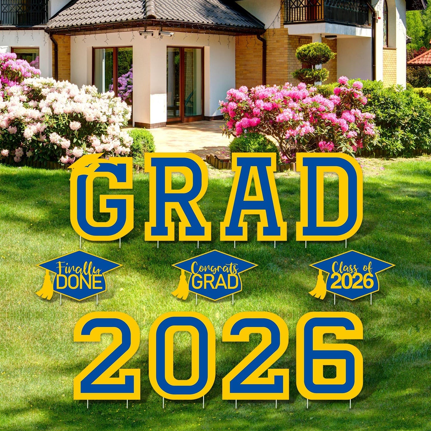 Tatuo 11 Pcs Graduation Yard Sign Decorations Class of 2026 Congrats Graduation Lawn Signs Grad Yard with 23 Stakes for High School College Outdoor Party Supplies(Yellow Blue,Simple Style)