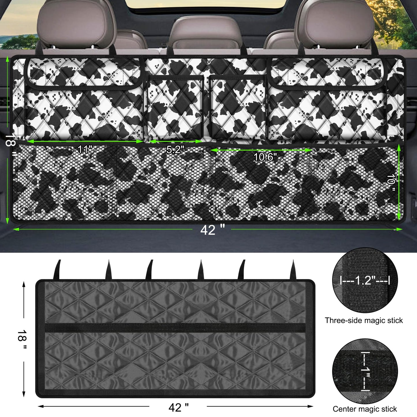 Femuar Car Trunk Organizer,Large Capacity Backseat Trunk Organizer(42"*18"),Collapsible Car Storage Bag with 8 Pocekt,SUV/MPV/Truck - Cow print