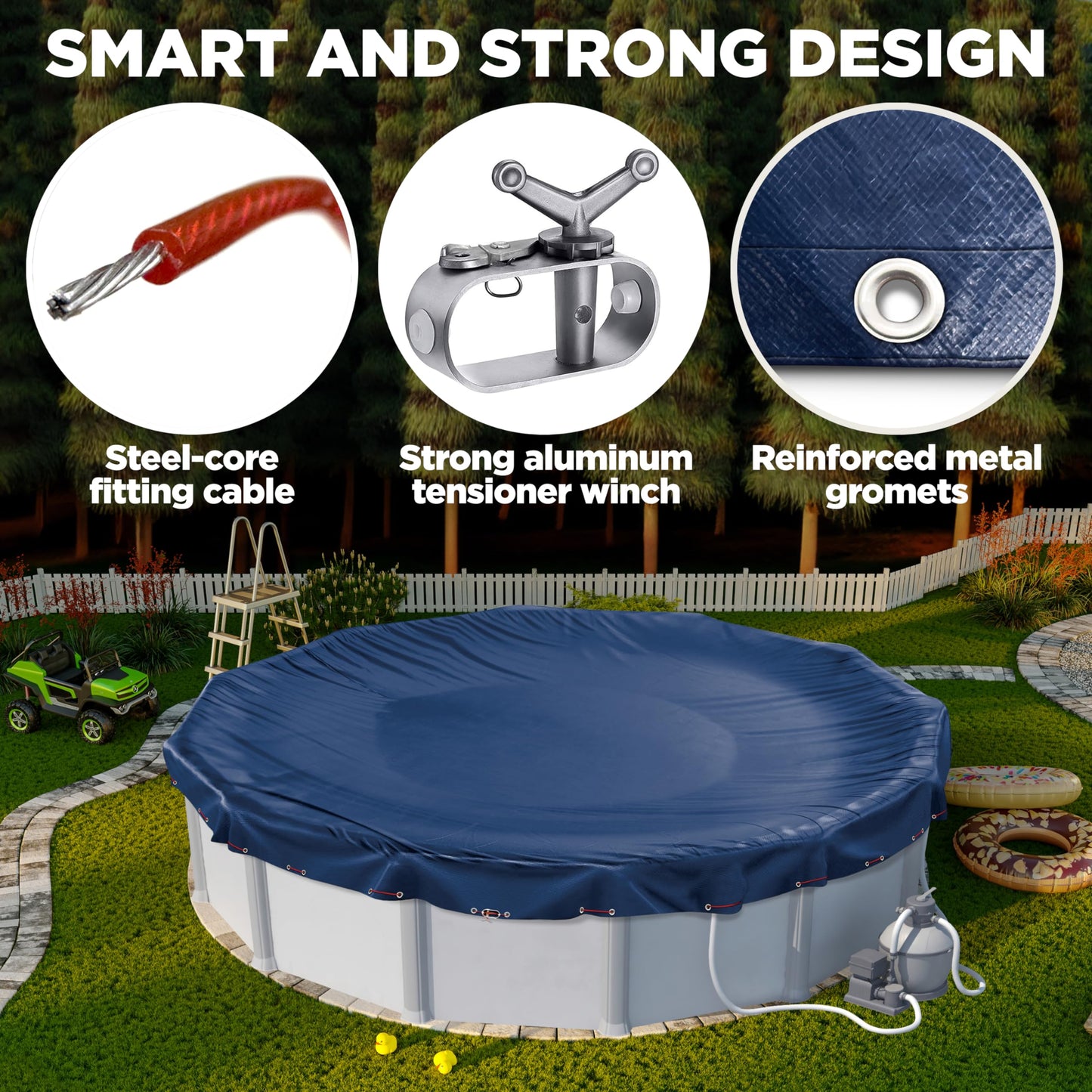 15 ft Round Pool Cover for Above Ground Pools, Above Ground Cover for Winter, Keeps Out Debris, Cold and UV Resistant, Supreme Mesh, Navy Blue