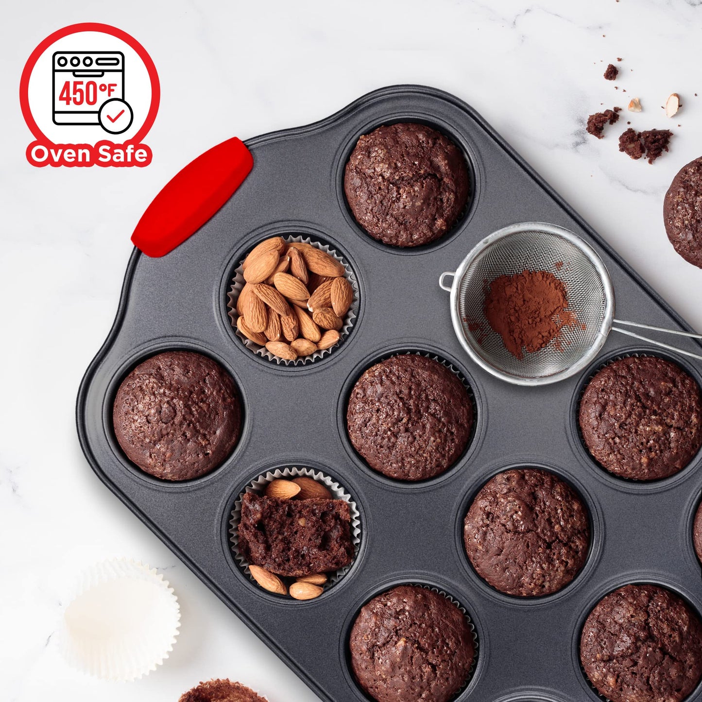 BAKKEN Kitchen Baking Pan Set - Nonstick Coating, Carbon Steel Bakeware Sets with Red Silicone Handles, Baking Kitchen Essentials, PFOA, PFOS, PTFE Free, Oven Safe Tray (Up To 450° F), Set of 18