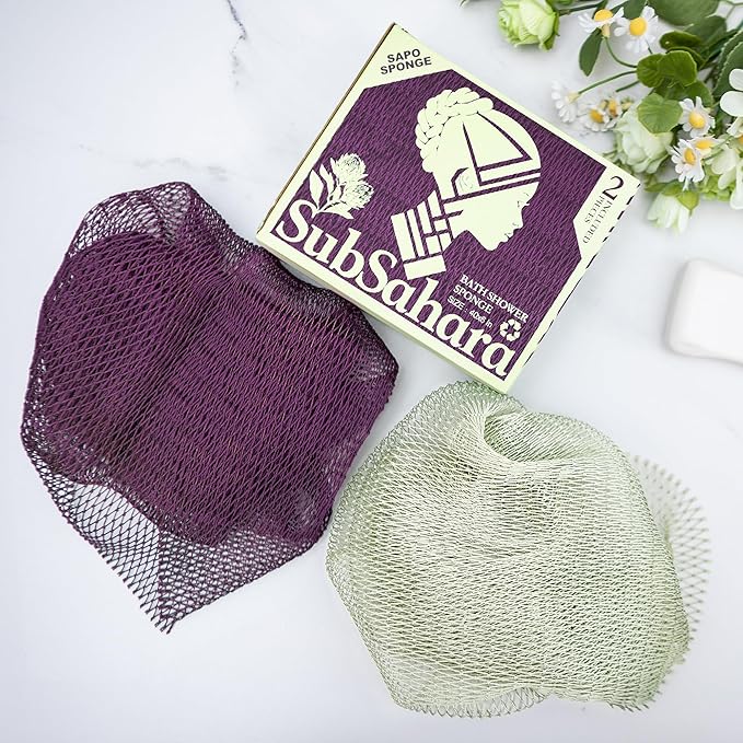 SubSahara Authentic African Net Sponge - 2 Pieces Exfoliating Scrubber for All Skin Types, Bath Sponge for Face & Body, Travel Portable, Durable, Gentle Exfoliation (Berry & Sage Green)