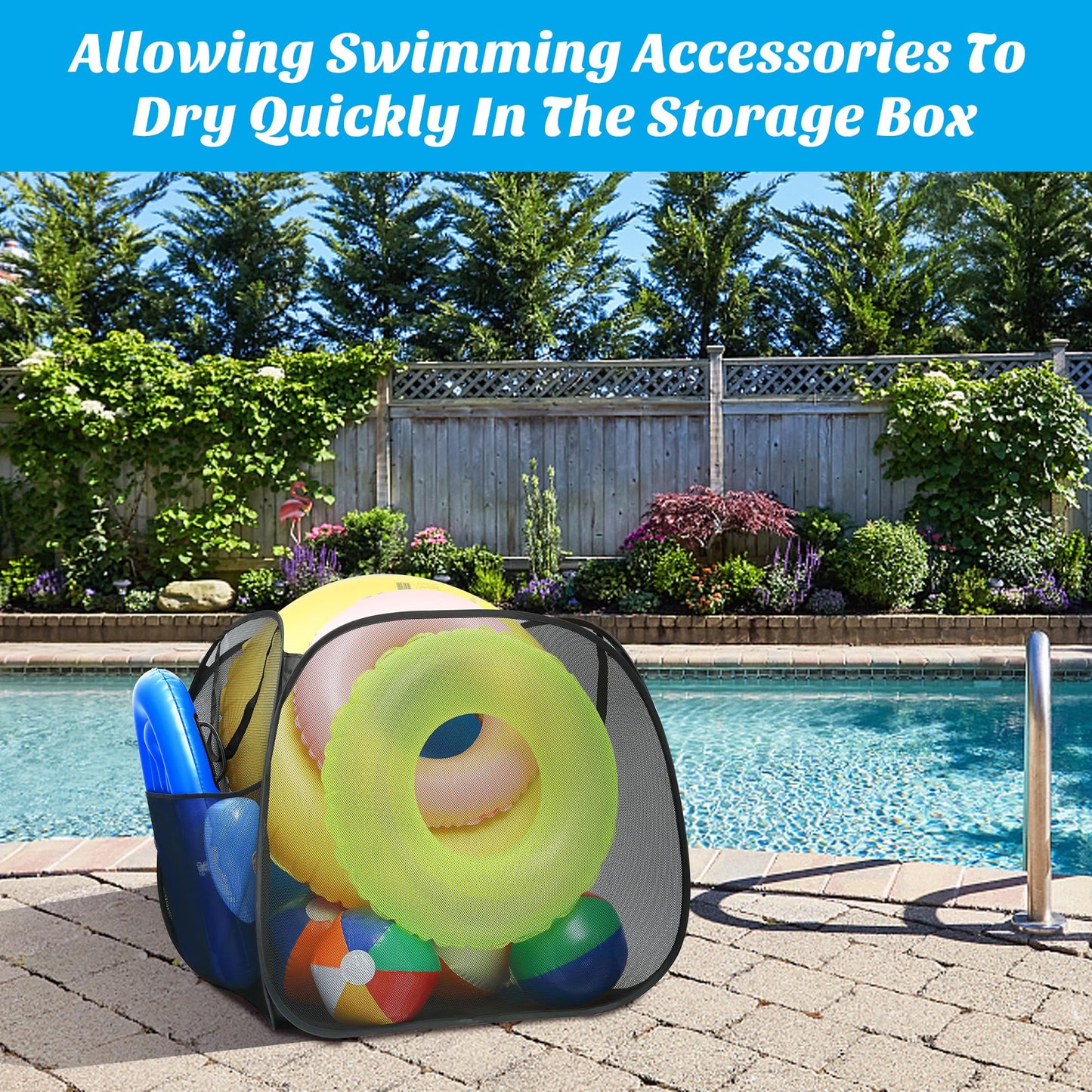 Adnee Pool Toy Storage Bin-30'' x 30'' x 30'' Nylon Mesh Pool Organizer with Side Pocket-105 Gallon Quick Drying Pool Storage for Float, Beach Balls,Towel and Other Swimming Accessories