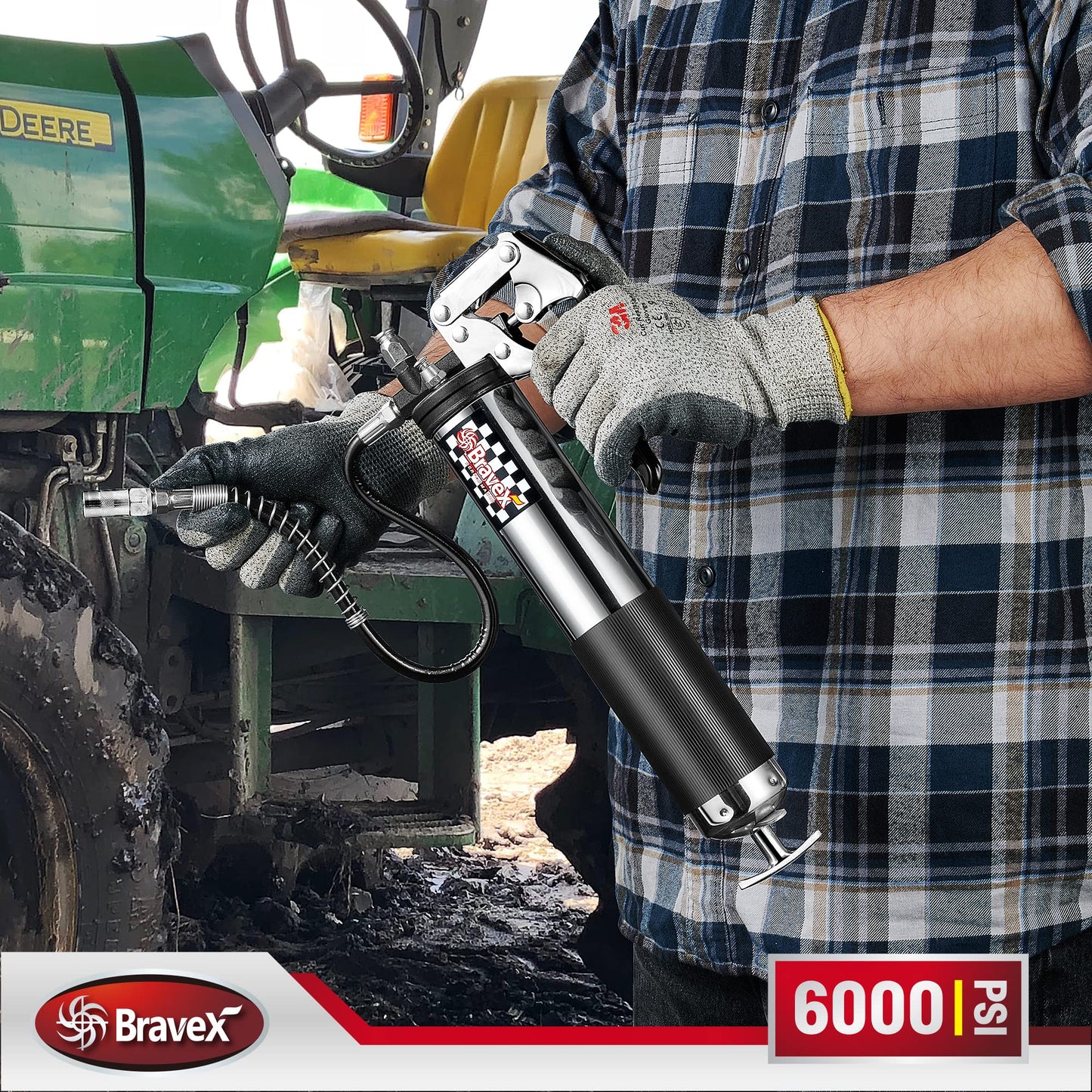 Bravex Heavy Duty Professional Pistol Grip Grease Gun 6000 PSI - 18 inch Flex Hose …