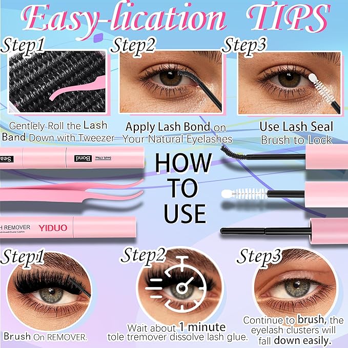 YIDUO 60D+80D+100D Lash Cluster Kit 3 style Volume Clusters Lashes Eyelashes Kit 696Pcs Wispy 10-18mm DIY Individual Eyelash Extensions Wholesale Combo Pack with Glue|Tweezers|Removers