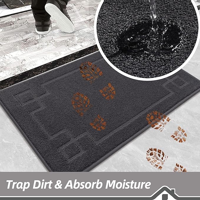 BEQHAUSE Door Mat 20" x 32", Non-Slip Door Mats Indoor Entryway Rugs Washable Low-Profile Absorbent and Stain Resist Floor Mats, Dog Door Mat for Front Back Door, Mud Wet Shoes & Paws, Dark Grey