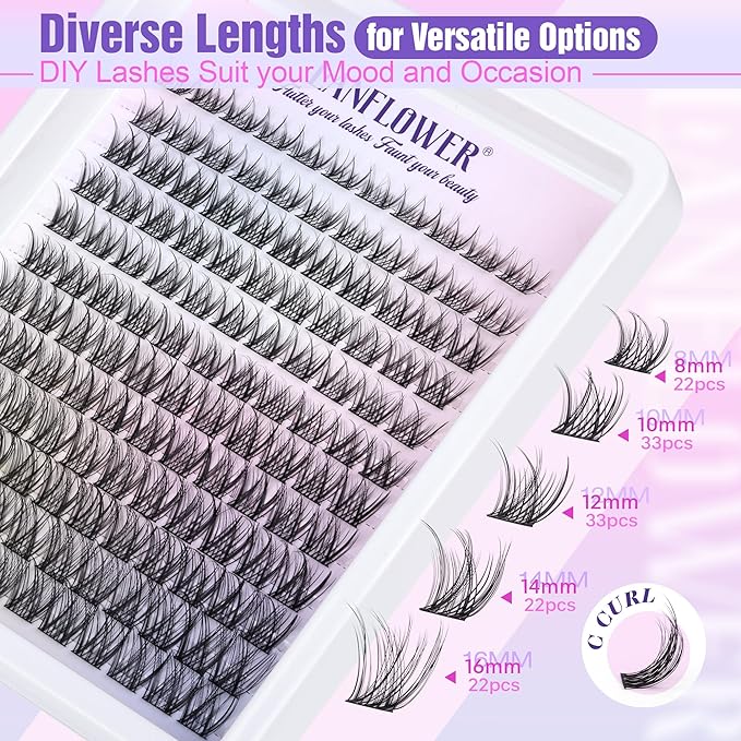 Natural Lash Clusters Kit Wispy Lash Extension Kit C Curved Eyelash Clusters Kit Natural Cluster Eyelash Extensions Kit 8-16mm Individual Lashes with Lash Bond and Seal Lash Tweezers by Lanflower