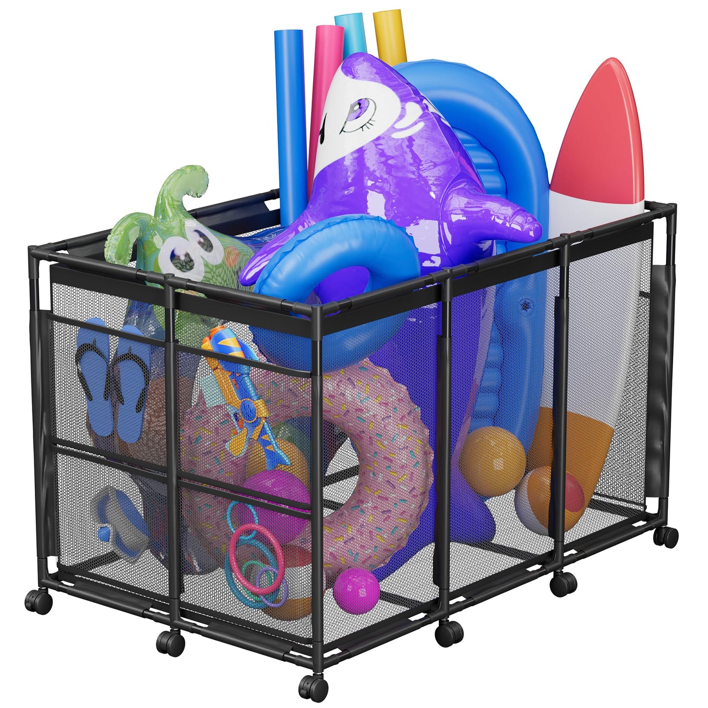 POOLHOUR Pool Float Storage – XXL Large Outdoor Pool Toy Storage Organizer for Pool Noodles, Toys, Floats, Balls,Equipment, Mesh Rolling Storage Organizer Bin, Black