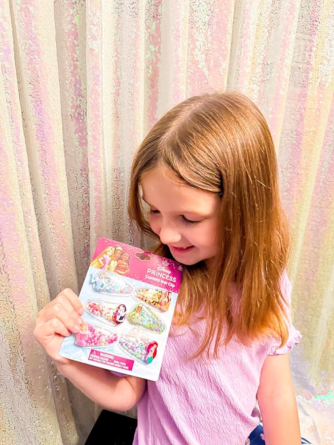 LUV HER Licensed Hair Accessories For Girls, 6pc Cute Hair Clips with Favorite Disney Princess Character Charms, Magical Confetti Hair Clips, Ages 3+