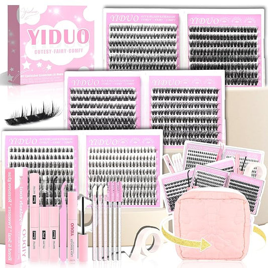 YIDUO 6 Styles Eyelash Clusters Kit 40D/60D/Volume/Manga/Spikes Portable Lash Makeup Bag Kit 10-18mm Wispy Individual Eyelash Extensions, Volume Studio Effect Lashes Kit