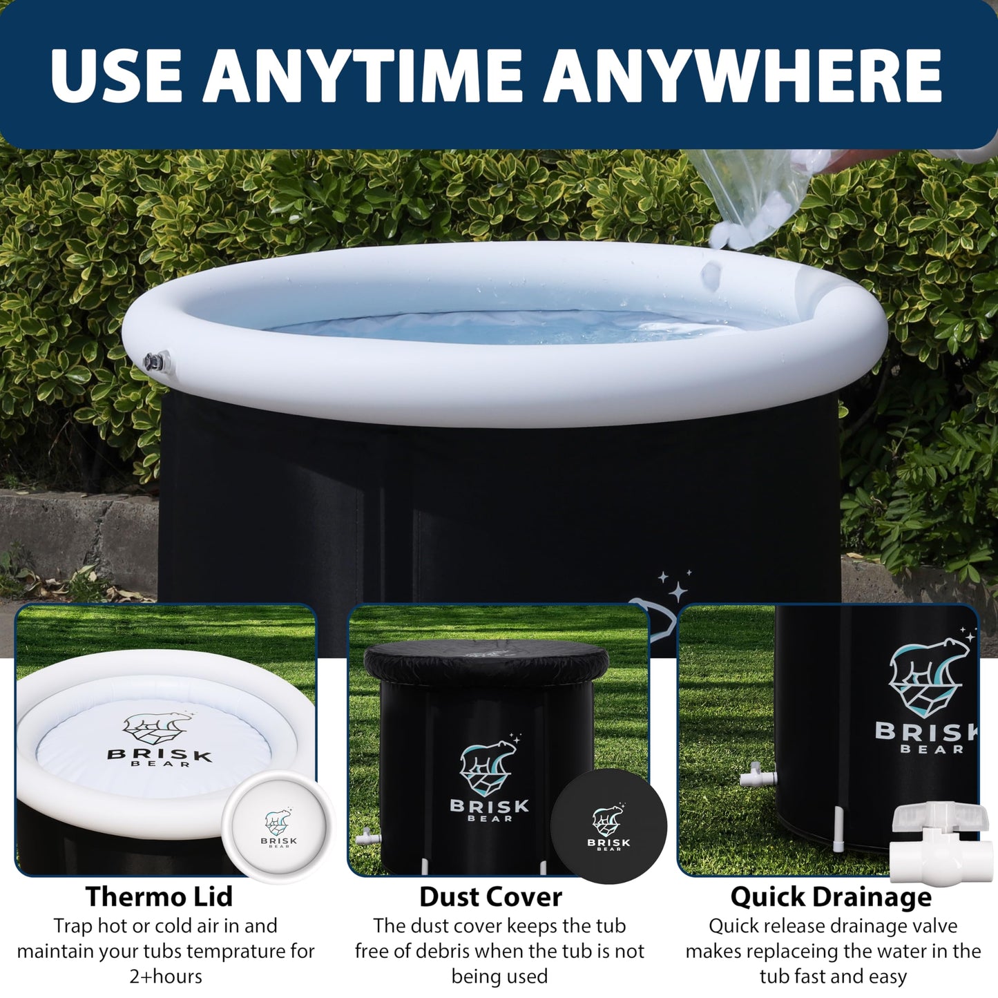 Ice Bath Tub for Athletes with Cover by Brisk Bear - Extra Large Cold Plunge Tub for Recovery - Inflatable Ice Bath Plunge Pool with Digital Timer - Cold Plunge to Soothe Muscles - Black Ice Tub