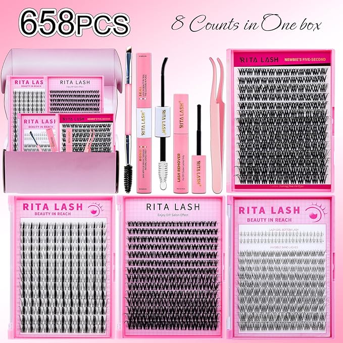 Lash Clusters Kit Eyelash Clusters Kit Fairy Cluster Eyelash Extensions Large Pack Lashes Clusters Lash Extension Kit PestaÃÂ±as Postizas Naturales+Lash Bond&Seal,Remover,Tweezers,Brush(Lash Kit-8)
