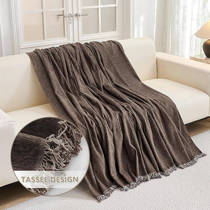 MYSKY HOME Boho Couch Cover Chocolate Sofa Covers with White Tassel Farmhouse Sofa Slipcover Simple Couch Protector for Dogs Chenille Sectional Couch Covers L Shaped Couch Cushion Covers, 91"x 134"