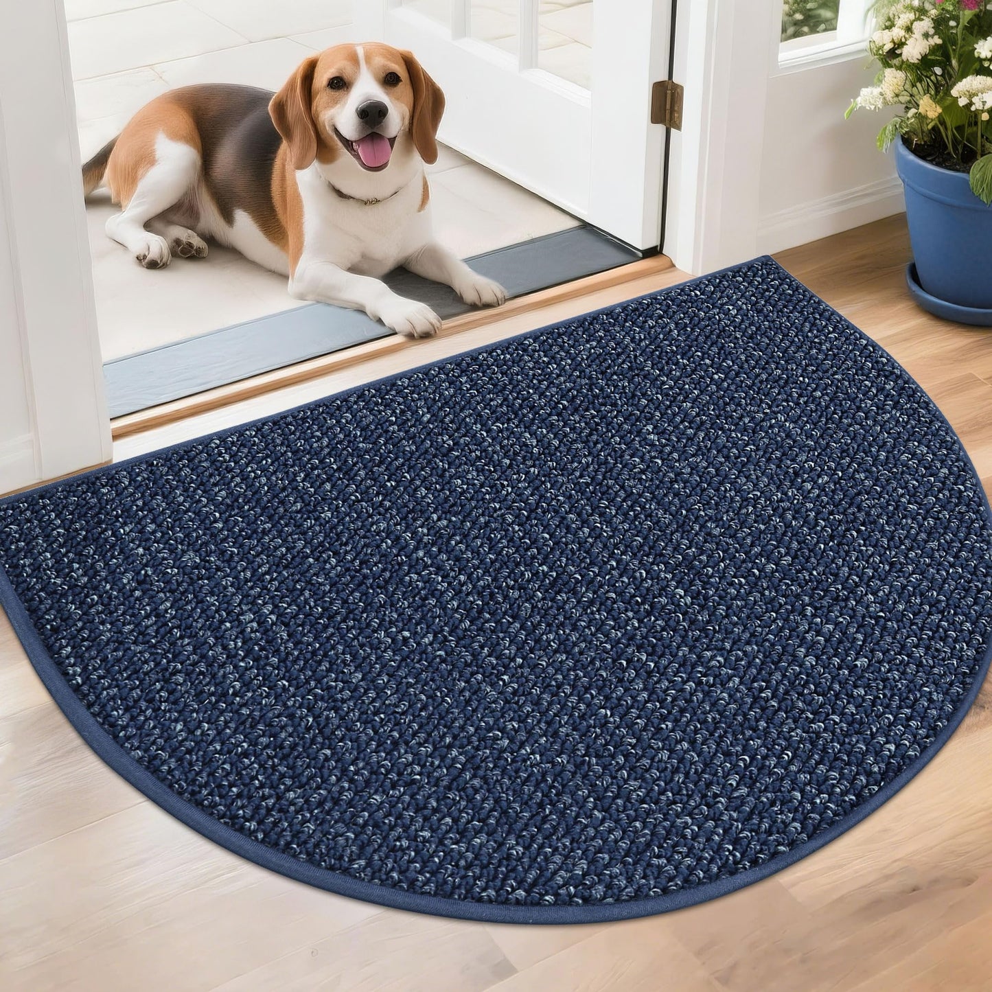 BEQHAUSE Dirt Trapper Door Mat 17" x 30" Half Circle Non Slip Washable Doormats Entrance Rugs Absorbent Welcome Low Profile Floor Mats for Front Back Door and Entryway, Blue