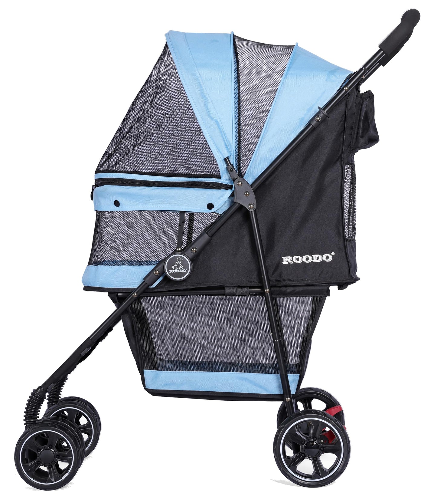 ROODO 4 Wheel Dog Cat Pet Stroller Best Lightweight Foldable Compact Portable Jogger All Terrain Travel Pet Gear Puppy Doggie Bunny Kitty Stroller for up to 30lbs Medium Small Dogs Cats(Sky Blue)