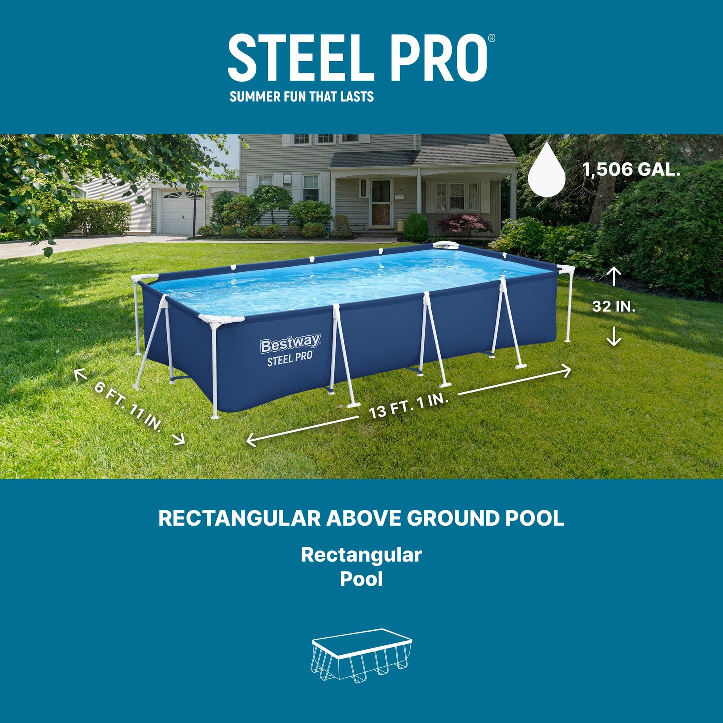 Bestway Steel Pro 13 Foot x 32 Inch Rectangular Above Ground Outdoor Pool Steel Framed Vinyl Swimming Pool with 1,506 Gallon Water Capacity, Blue