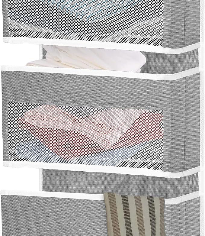 Sturdiness Over The Door Organizer, 6 Tiers Anti Tilt Hanging Behind Door Storage, Heavy-Duty Reinforced Mesh Rack Holds 44lb for Bathroom,Pantry, Nursery,Closet, Shoes, Towels,Grey