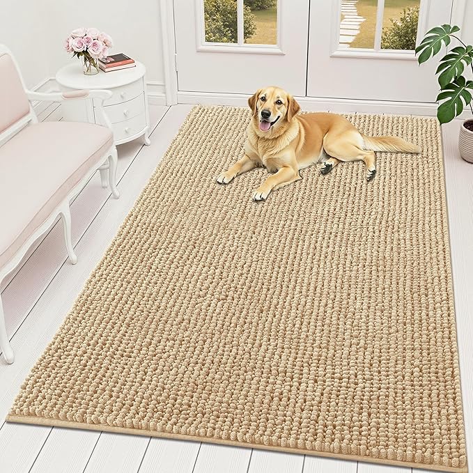 OLANLY Dog Door Mat for Muddy Paws 59x35, Ultra Absorbent Chenille Mud Doormat, Non-Slip Washable and Dirt Trapping Doormat for Indoor Entryway, Quick-Dry Indoor Pet Bed Mats for Dogs, Beige