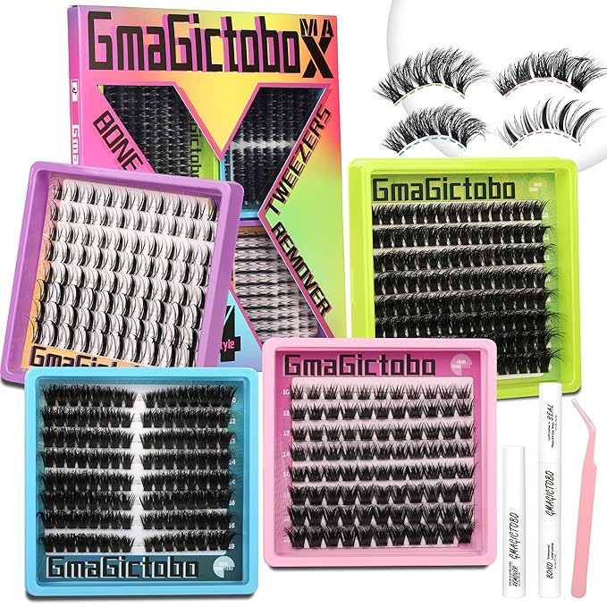 Lash Clusters Kit Natural Wispy Lash Clusters C/D Curl 424Pcs Volume Individual Lashes Clusters Manga Lashes Cat Eye Lashes Pack Lash Bond and Seal Lash Remover Lash Tweezers