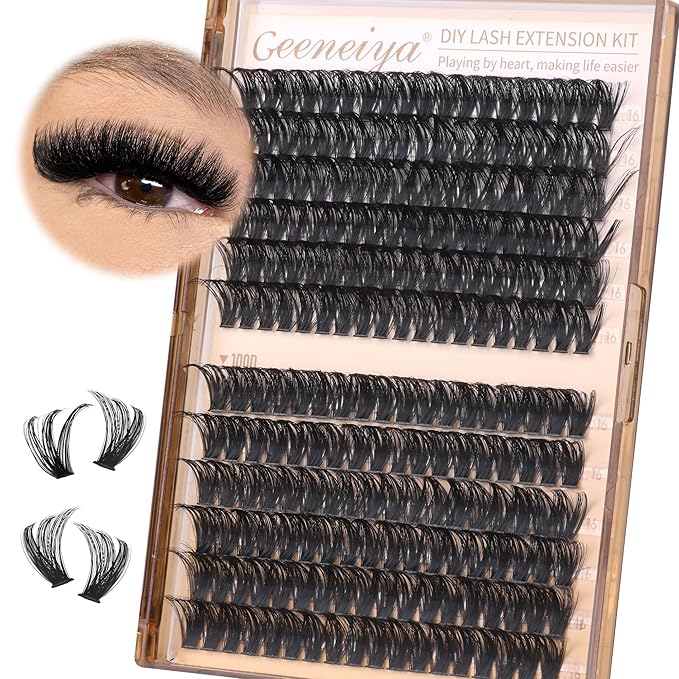 Geeneiya 16MM Volume Lash Clusters Kit DIY Lash Extension Kit D Curl Eyelash Extensions with Waterproof Lash Bond and Seal Waterproof Tweezers,Only 16MM, 80D+100D