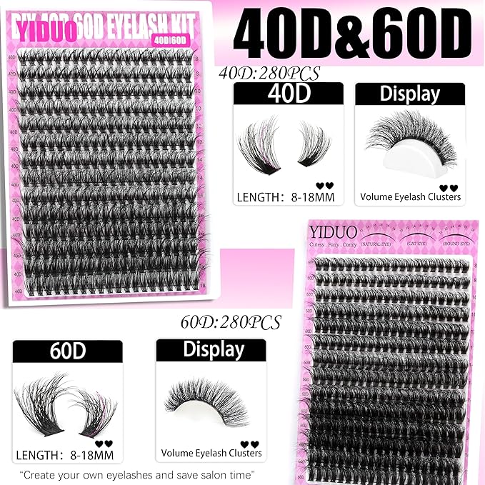 YIDUO 4 Styles Lash Clusters Kit 40D/60D/80D/100D+Spikes+Bottom Eyelash Clusters Extensions with 2X Bond and Seal, 1000Pcs 3D Volume Lashes Clusters 8-18mm Wispy D Curly Clusters Lash Extensions Kit