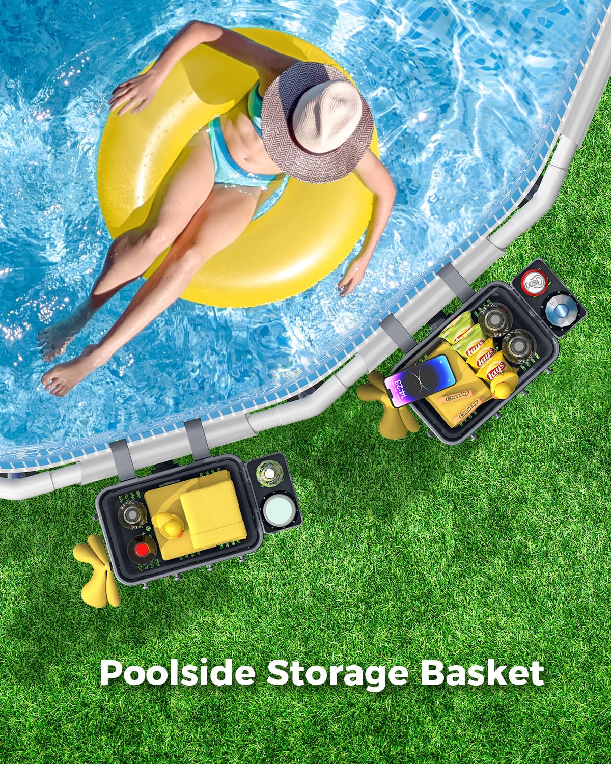 VICHTOP 2026 Upgrade 2 Sets Poolside Storage Basket, Above Ground Pool Accessories, Swimming Pool Storage Basket with Cup Holder, Mesh Bag and Support Bar to Organize Towel Pool Toy